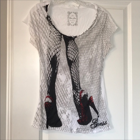 Guess Tops - L Guess fishnet/heel tee with rhinestone detail